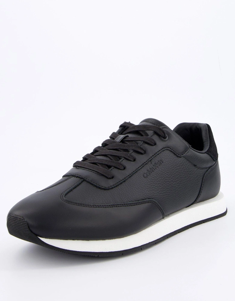 Low Top Tumbled Leather Logo Trainers - Black