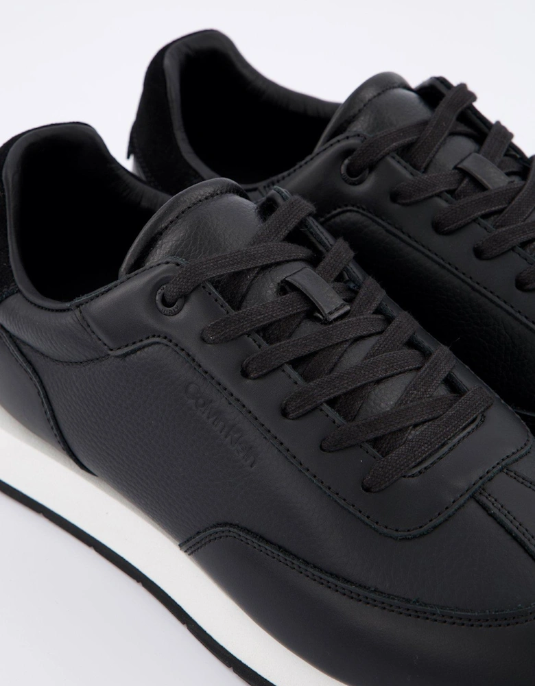 Low Top Tumbled Leather Logo Trainers - Black