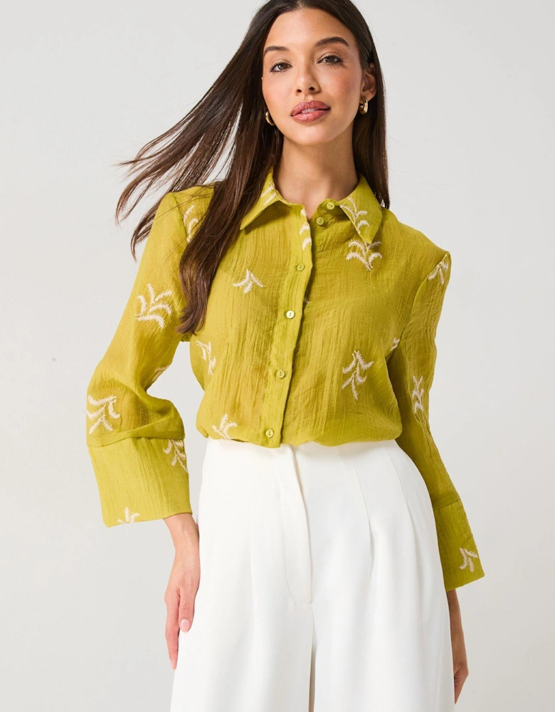 Semi Sheer Embroidered Shirt - Green