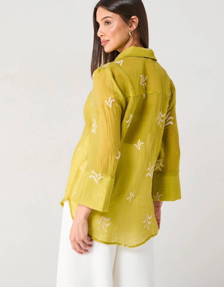 Semi Sheer Embroidered Shirt - Green