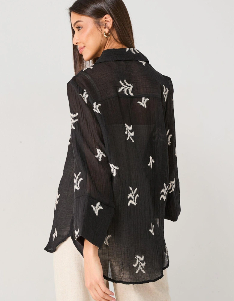 Semi Sheer Embroidered Shirt - Black