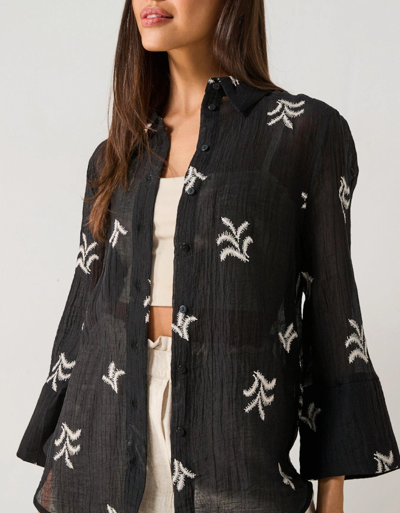 Semi Sheer Embroidered Shirt - Black