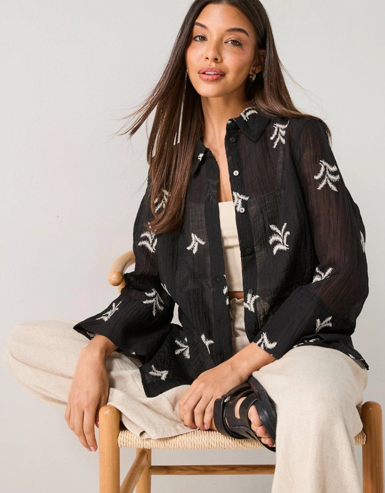 Semi Sheer Embroidered Shirt - Black