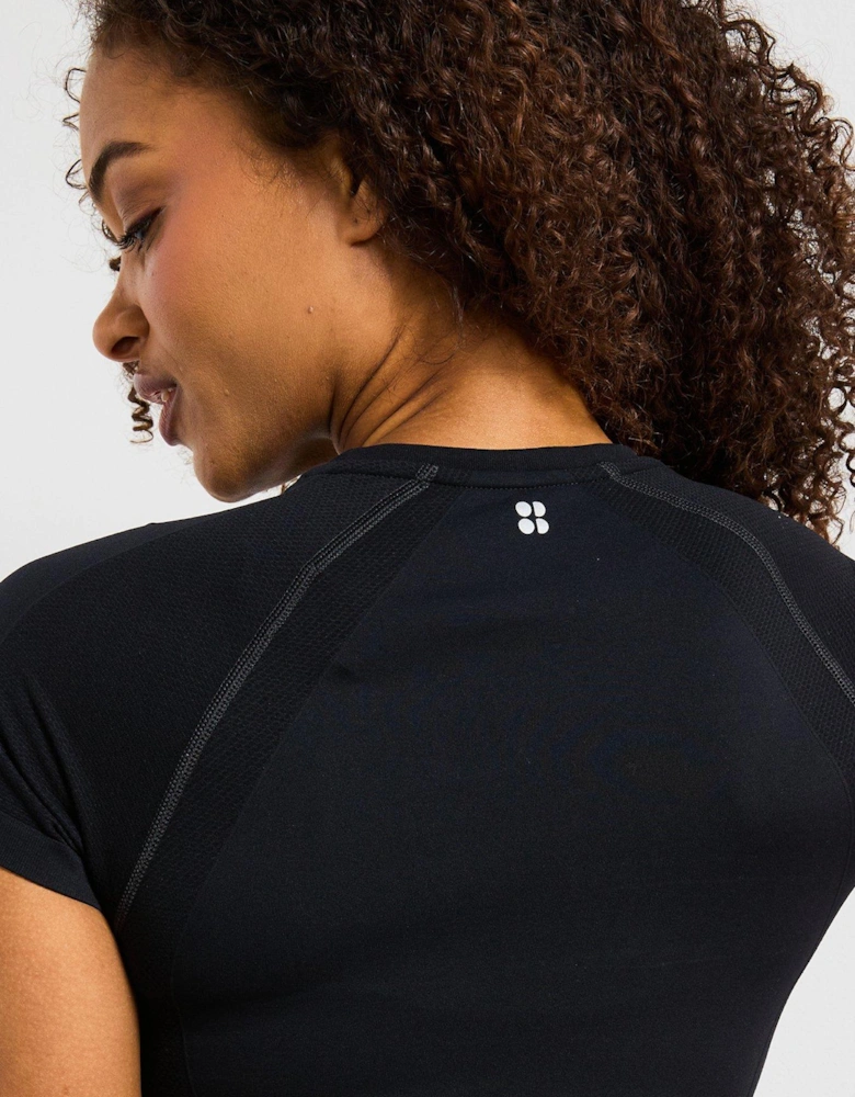 Womens Athlete Crop Seamless Workout Training T-Shirt - Black