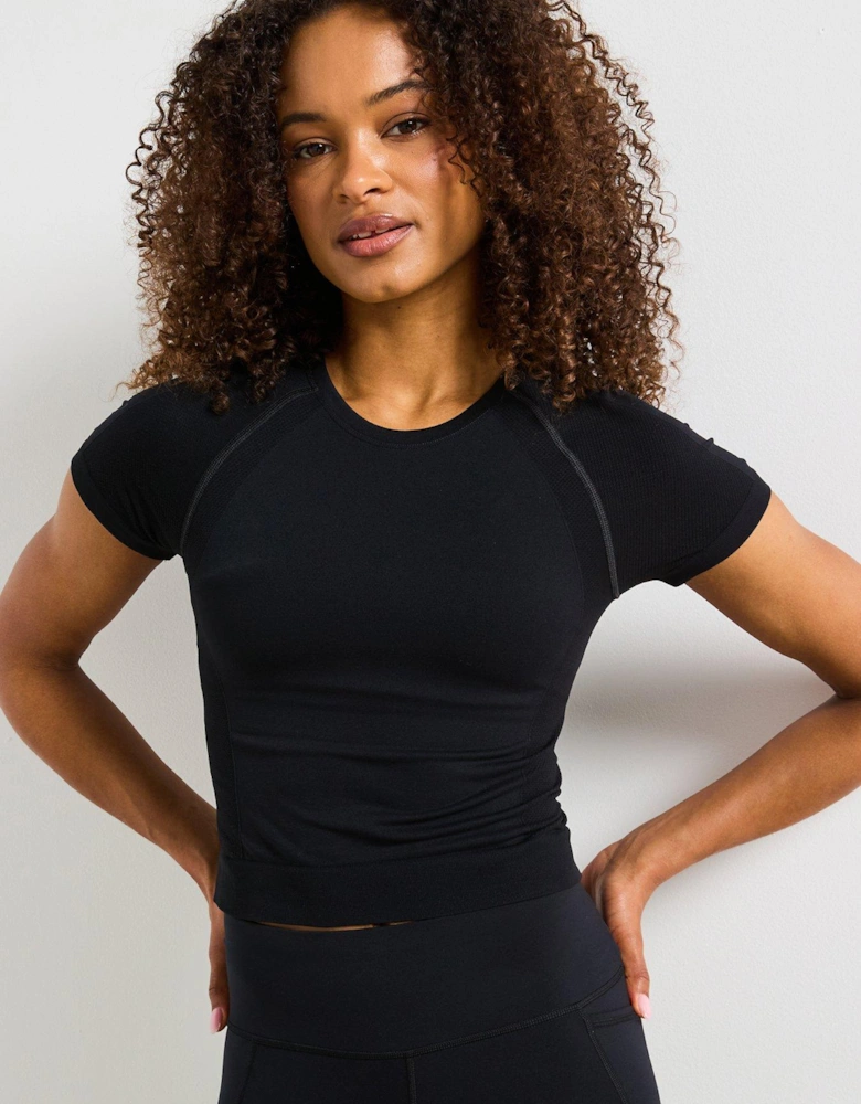Womens Athlete Crop Seamless Workout Training T-Shirt - Black