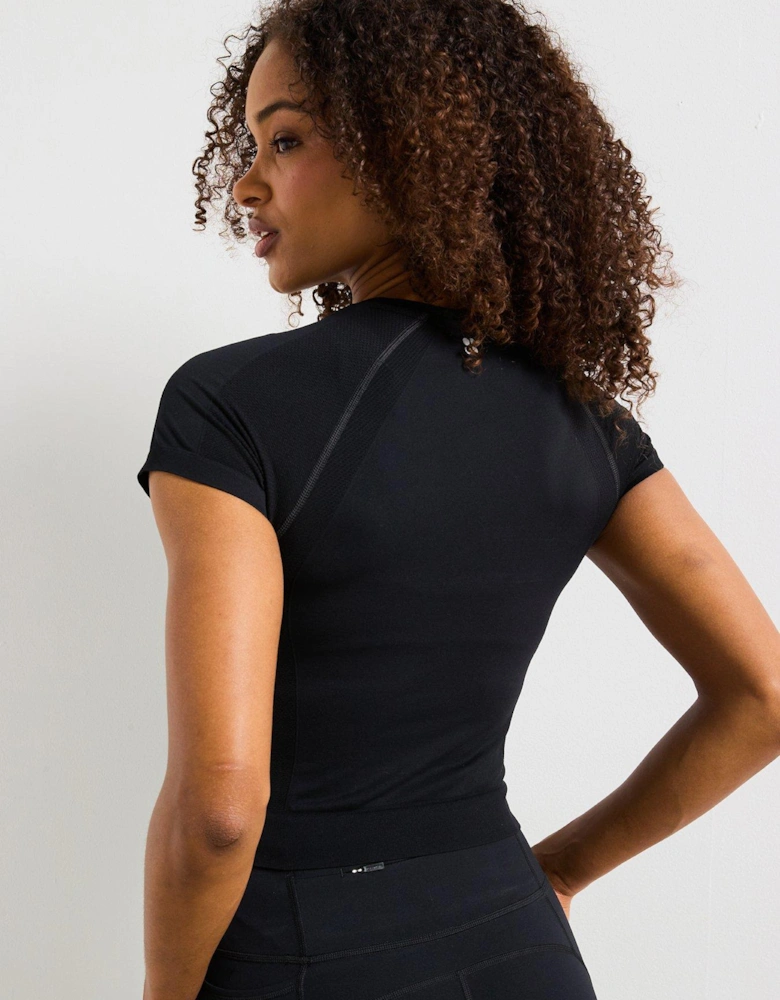 Womens Athlete Crop Seamless Workout Training T-Shirt - Black