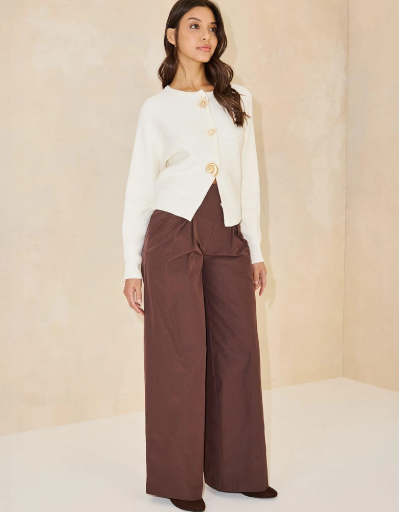 Waistband Wide Leg Trousers - Brown