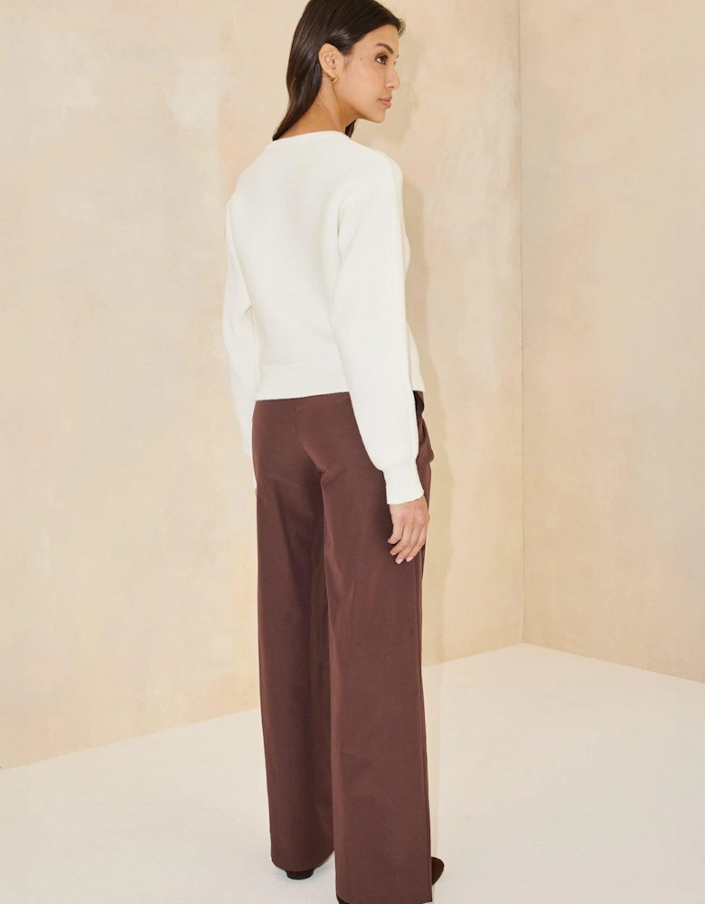 Waistband Wide Leg Trousers - Brown