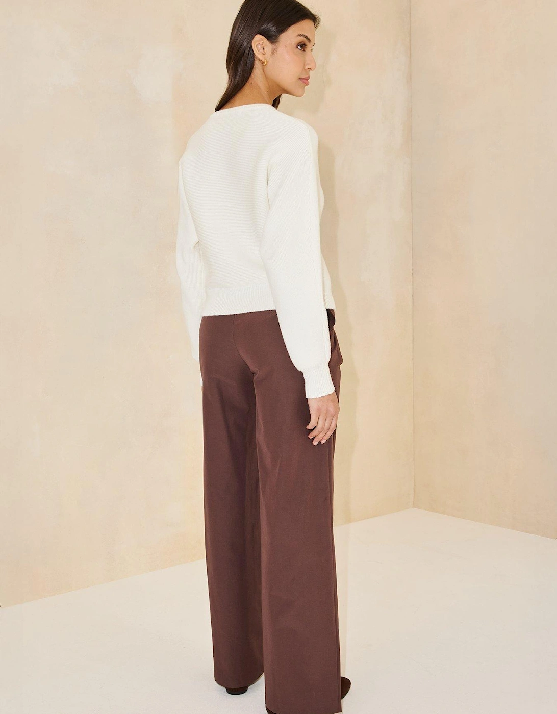 Waistband Wide Leg Trousers - Brown