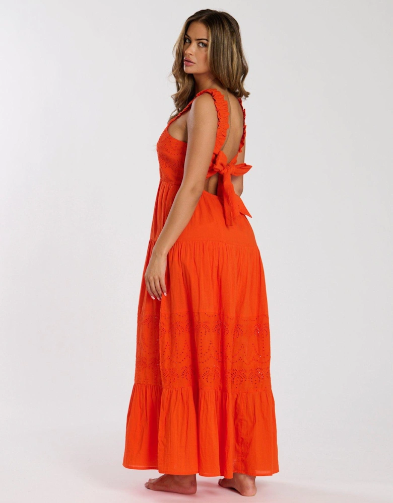Palm Broderie Tie Back Maxi Dress - Orange