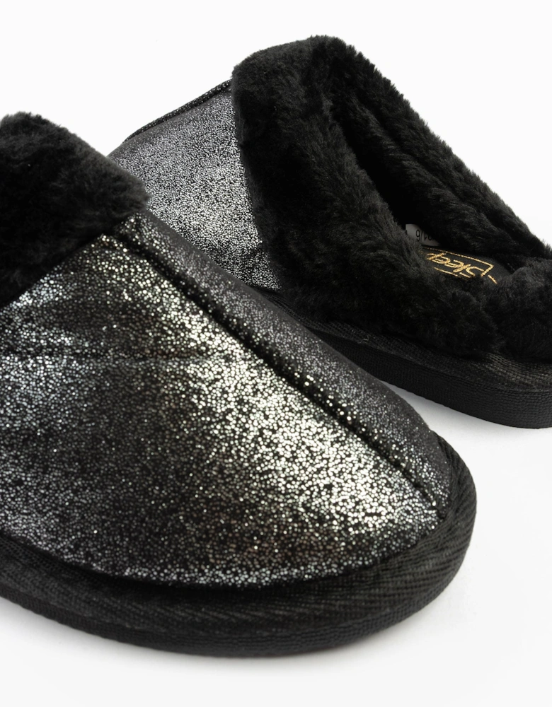 JULIET Womens Fur Cuff Sparkle Mules Black