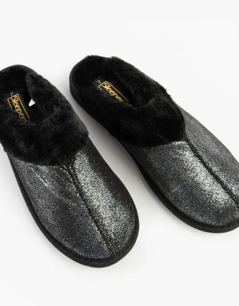 JULIET Womens Fur Cuff Sparkle Mules Black