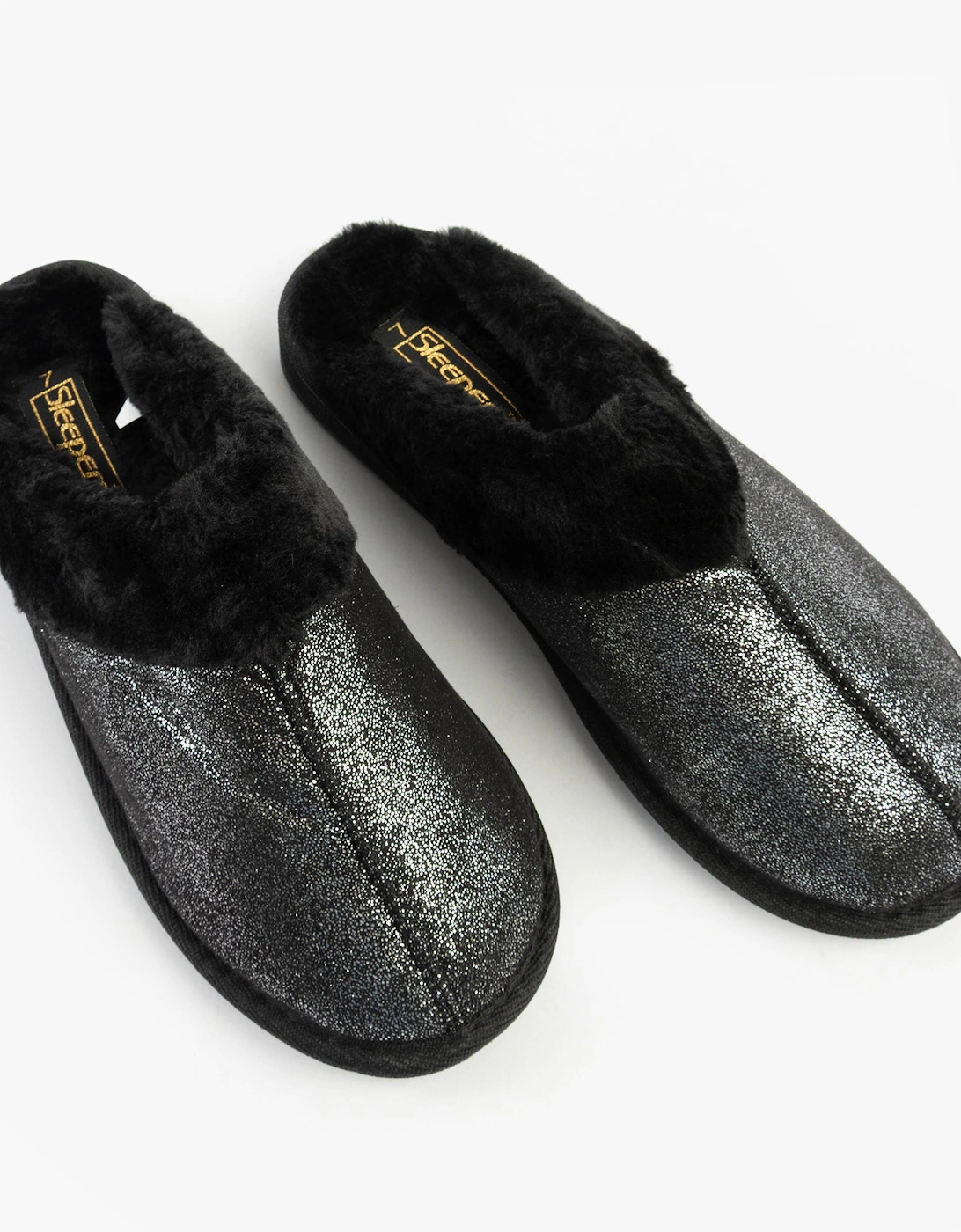 JULIET Womens Fur Cuff Sparkle Mules Black