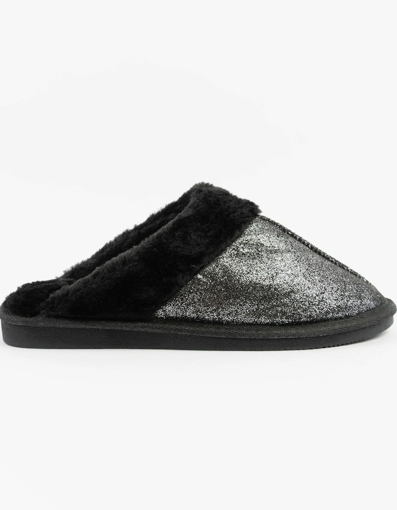 JULIET Womens Fur Cuff Sparkle Mules Black
