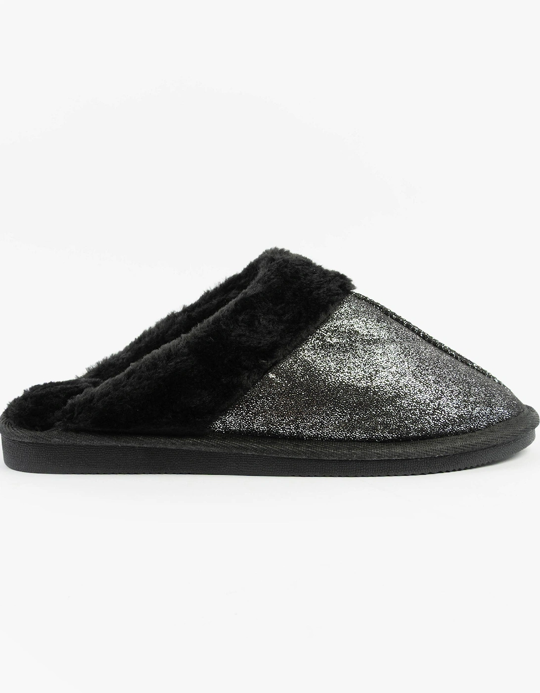 JULIET Womens Fur Cuff Sparkle Mules Black, 5 of 4