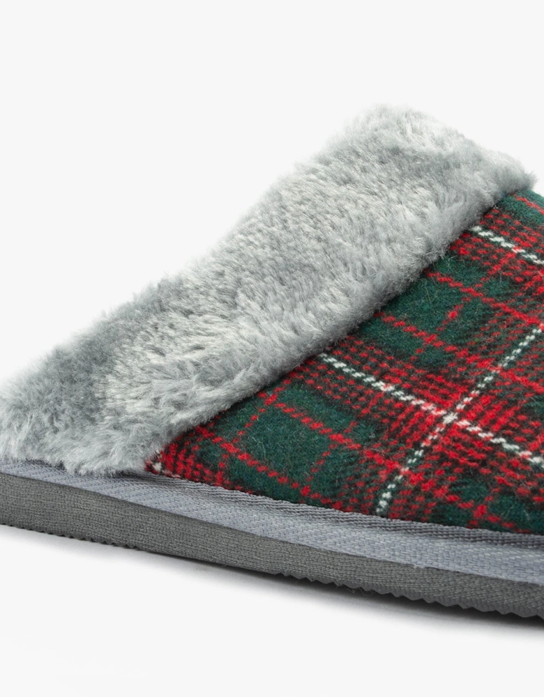 LEYLA Womens Fur Cuff Mules Red Check