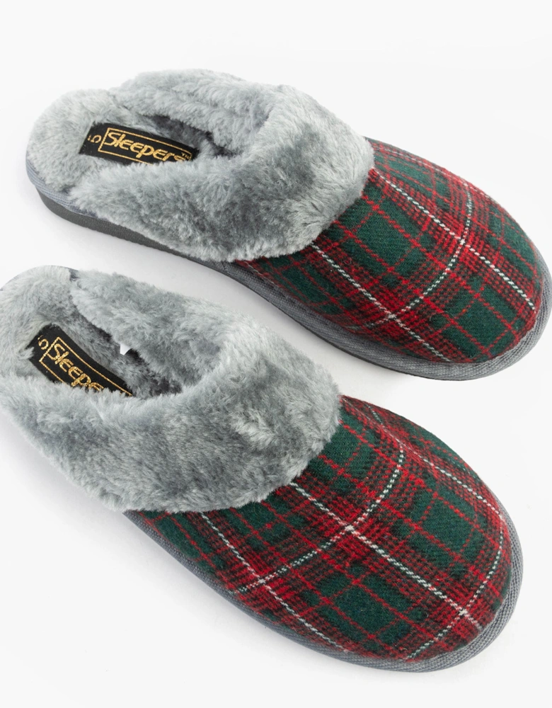 LEYLA Womens Fur Cuff Mules Red Check