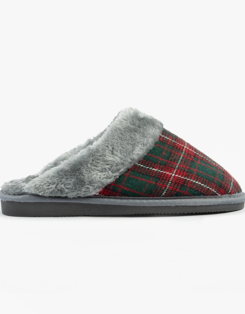 LEYLA Womens Fur Cuff Mules Red Check