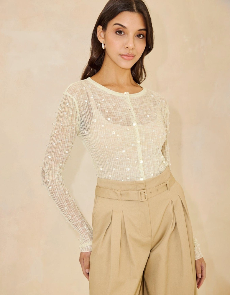 Beaded Long Sleeve Cardigan - Green
