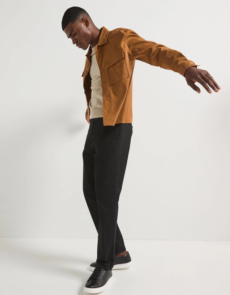 Linen Blend Stretch Fabric Overshirt - Brown