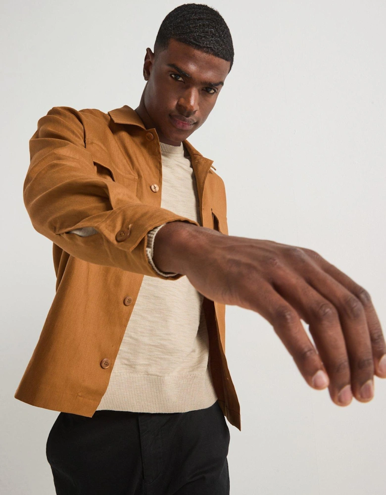 Linen Blend Stretch Fabric Overshirt - Brown