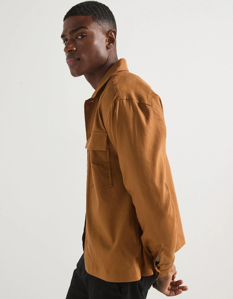 Linen Blend Stretch Fabric Overshirt - Brown