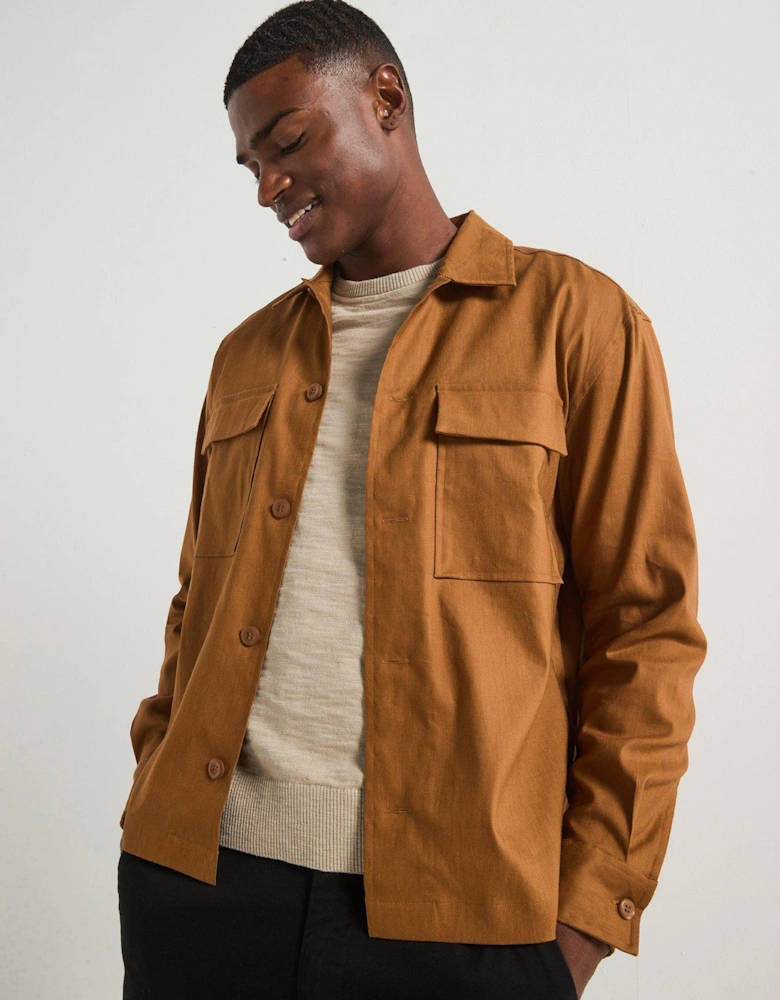 Linen Blend Stretch Fabric Overshirt - Brown