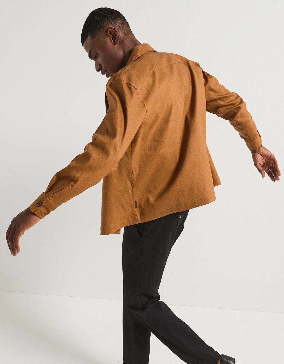 Linen Blend Stretch Fabric Overshirt - Brown