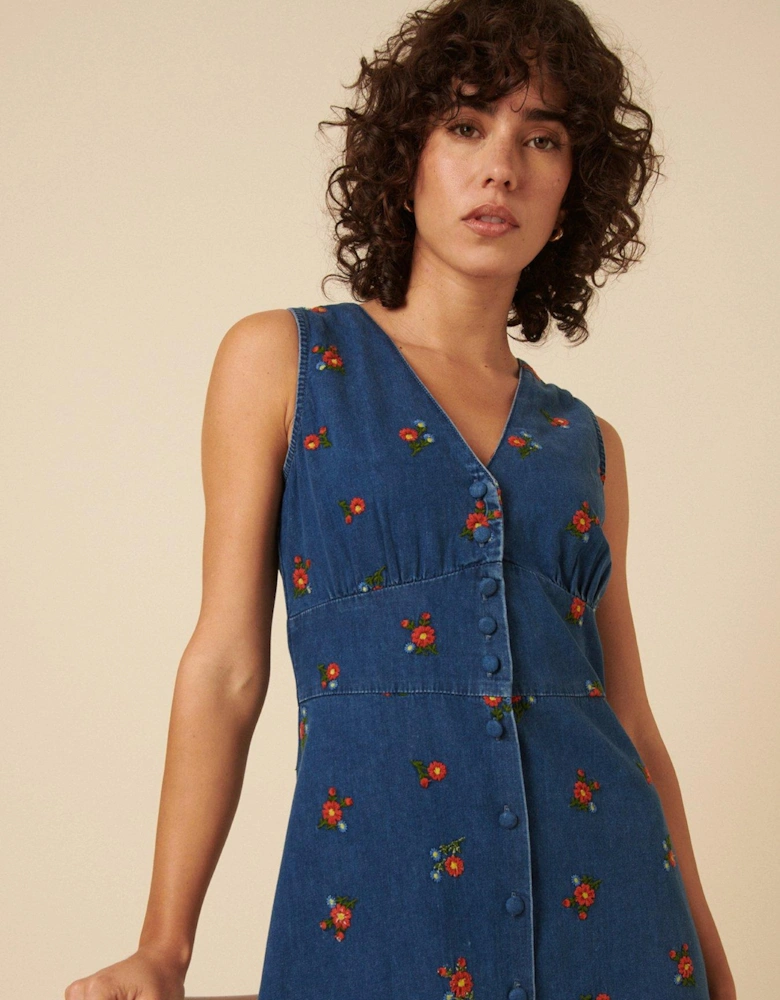 Embroidered Midi Dress - Blue