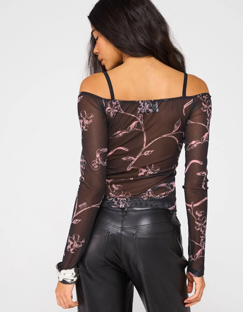 Off The Shoulder Mesh Long Sleeve Top - Black