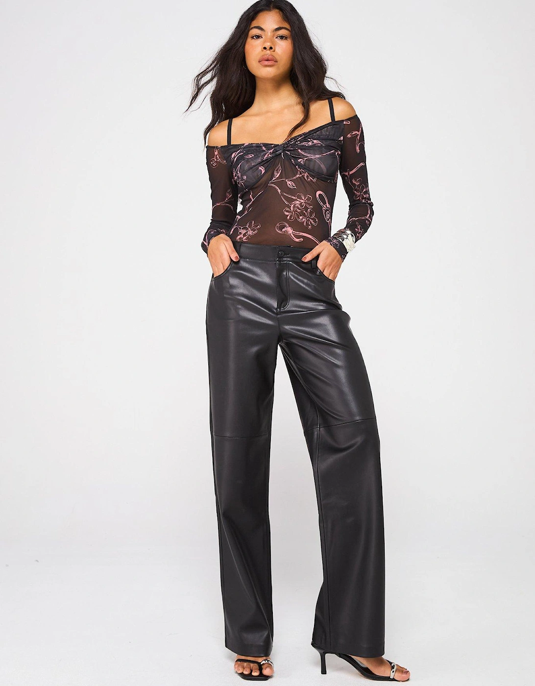 Off The Shoulder Mesh Long Sleeve Top - Black