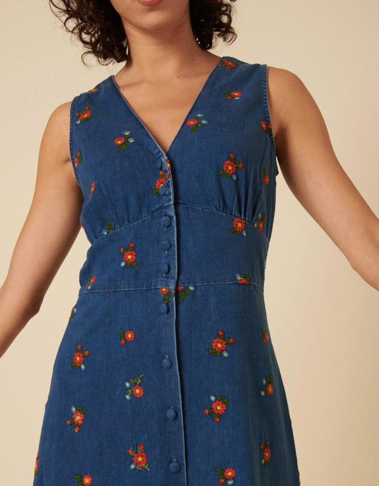 Embroidered Midi Dress - Blue