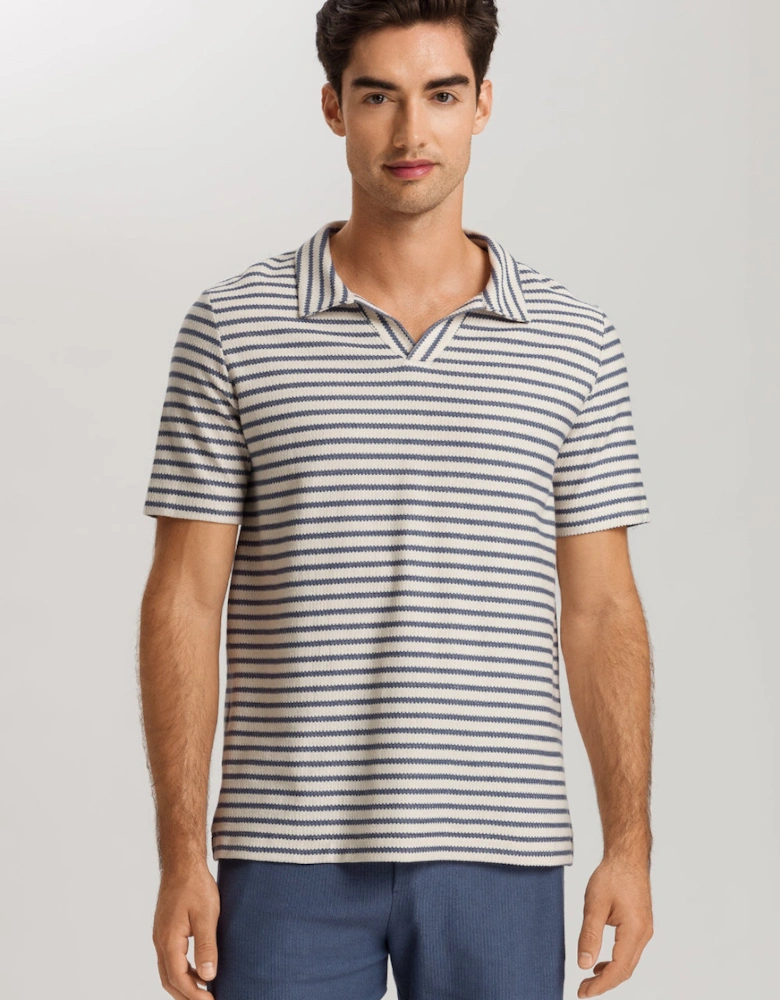 Loungy Summer V-Neck Polo Shirt, Deep Breeze Stripe