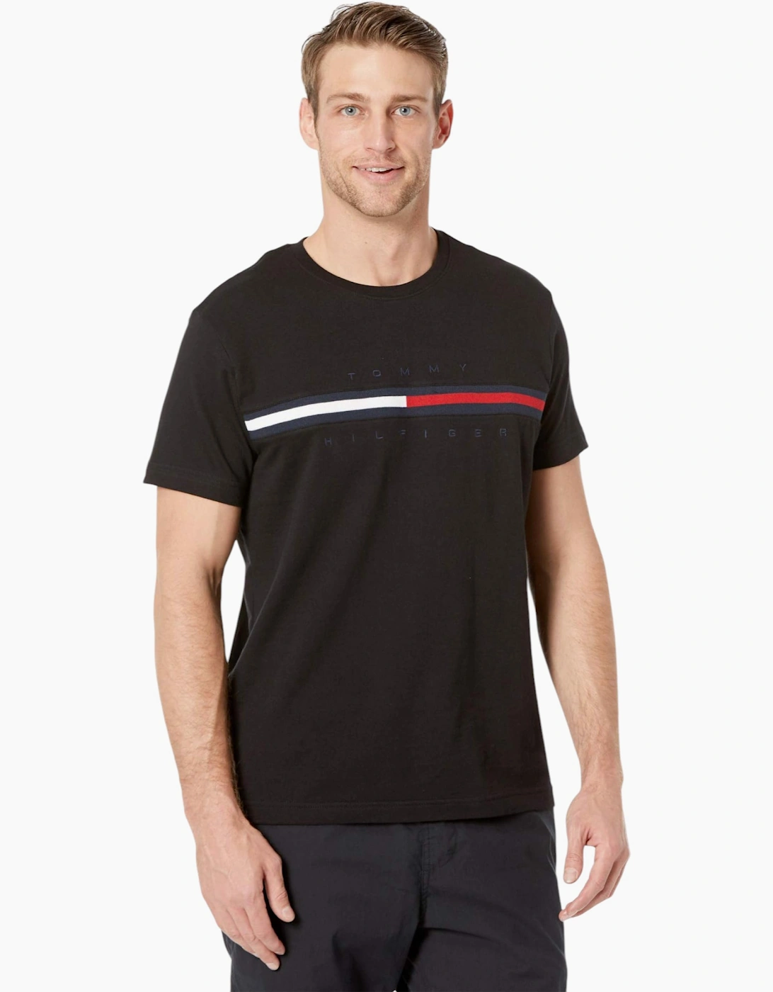 Tommy Hilfiger Men's Black T Shirts Crew Neck Signature Stripe Summer Cotton Tino Tee  42 Xl