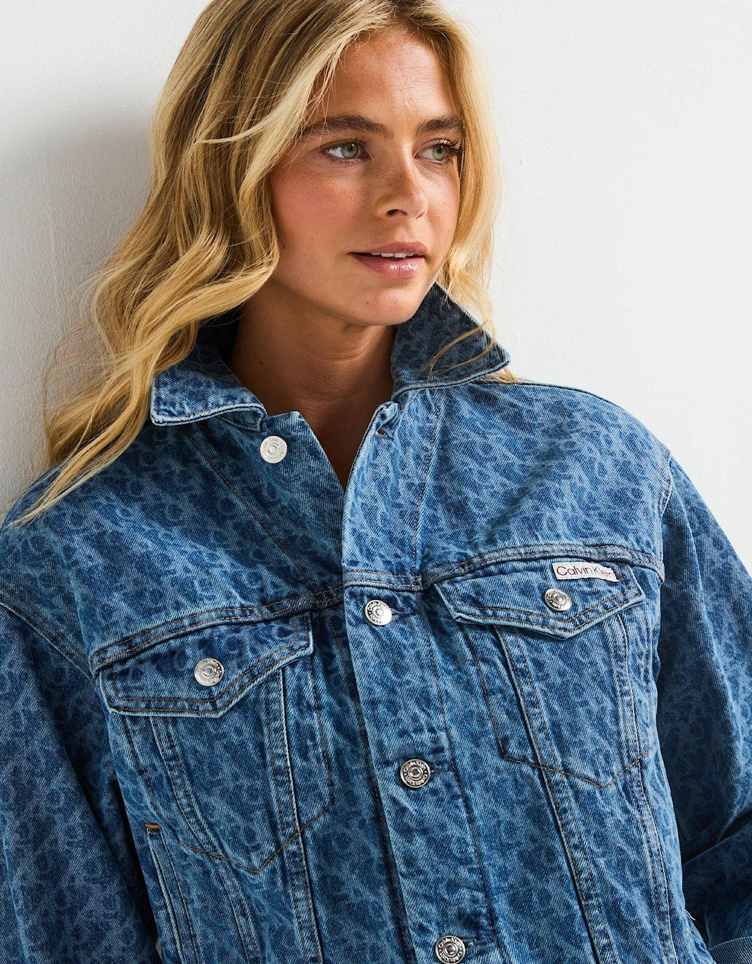 90's Printed Trucker Denim Jacket - Blue