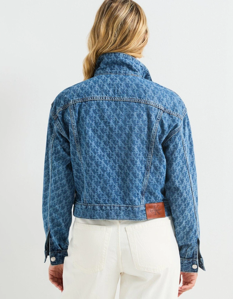 90's Printed Trucker Denim Jacket - Blue
