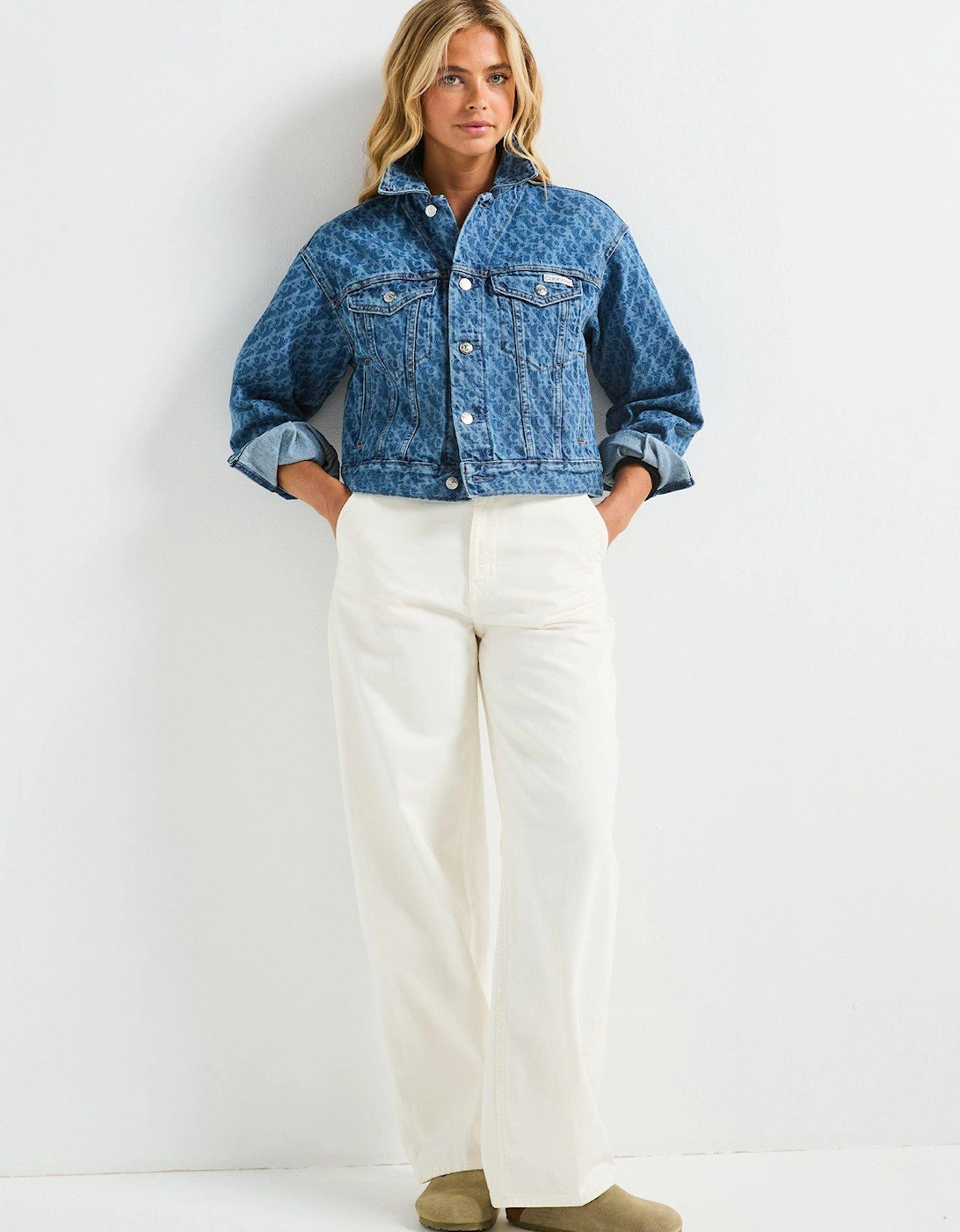 90's Printed Trucker Denim Jacket - Blue