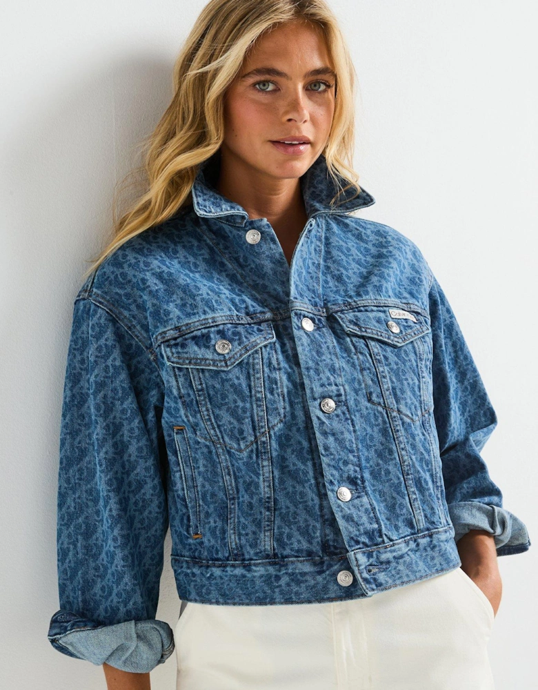 90's Printed Trucker Denim Jacket - Blue