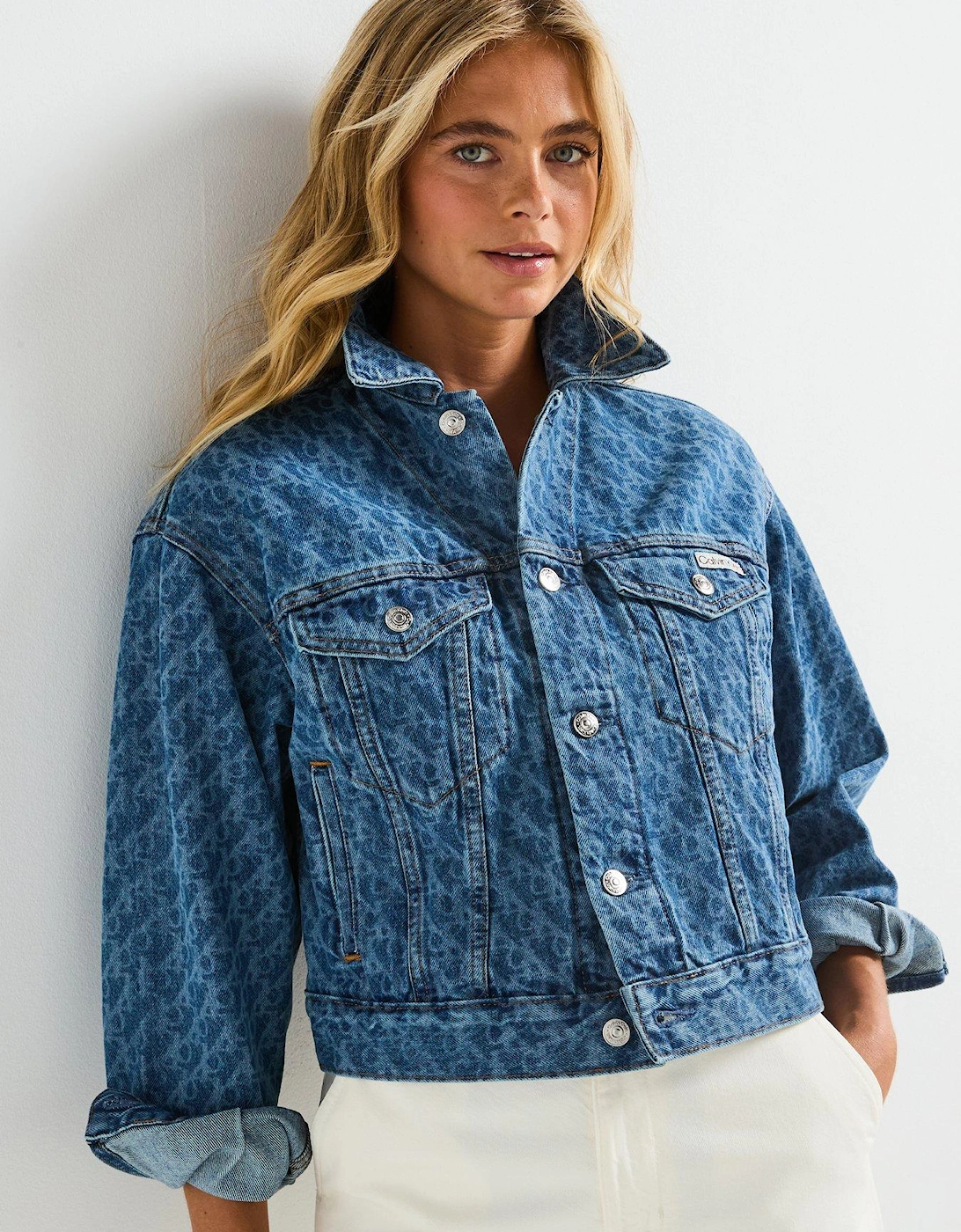 90's Printed Trucker Denim Jacket - Blue
