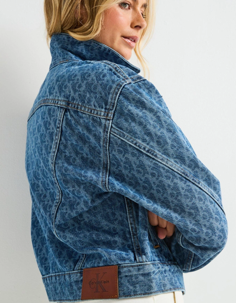 90's Printed Trucker Denim Jacket - Blue