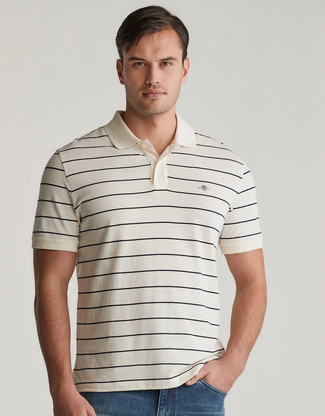 Gant Men's White Striped Short Sleeve Polo - : 40/Regular L