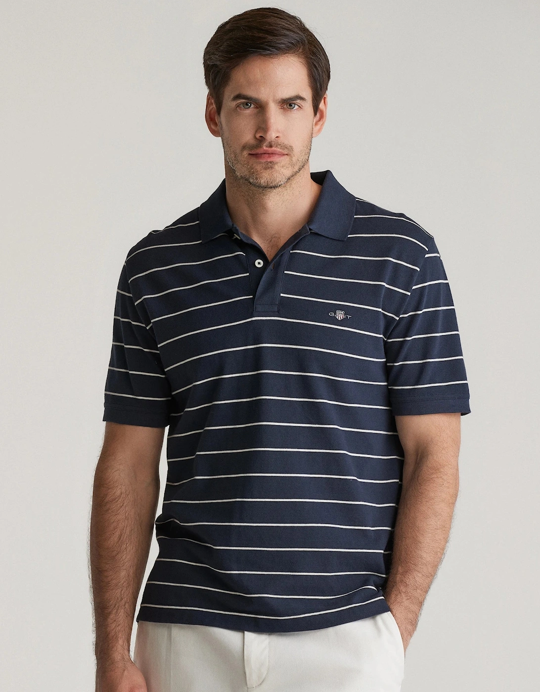 Gant Men's Navy Striped Short Sleeve Polo - : 40/Regular L