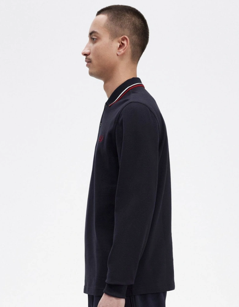 Mens Long Sleeve Twin Tipped Polo Shirt - Navy/Snow White/Burnt Red T55