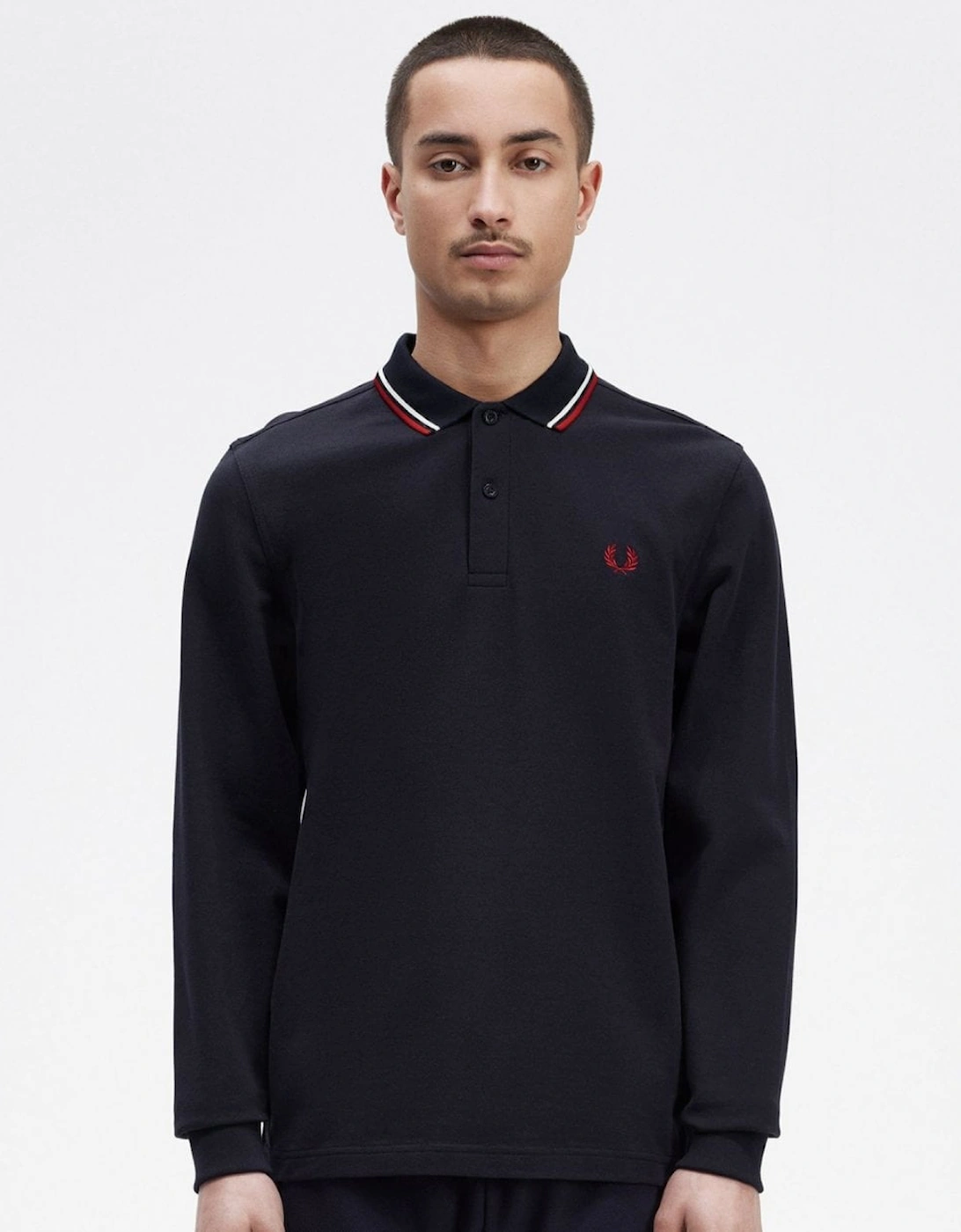 Mens Long Sleeve Twin Tipped Polo Shirt - Navy/Snow White/Burnt Red T55, 5 of 4