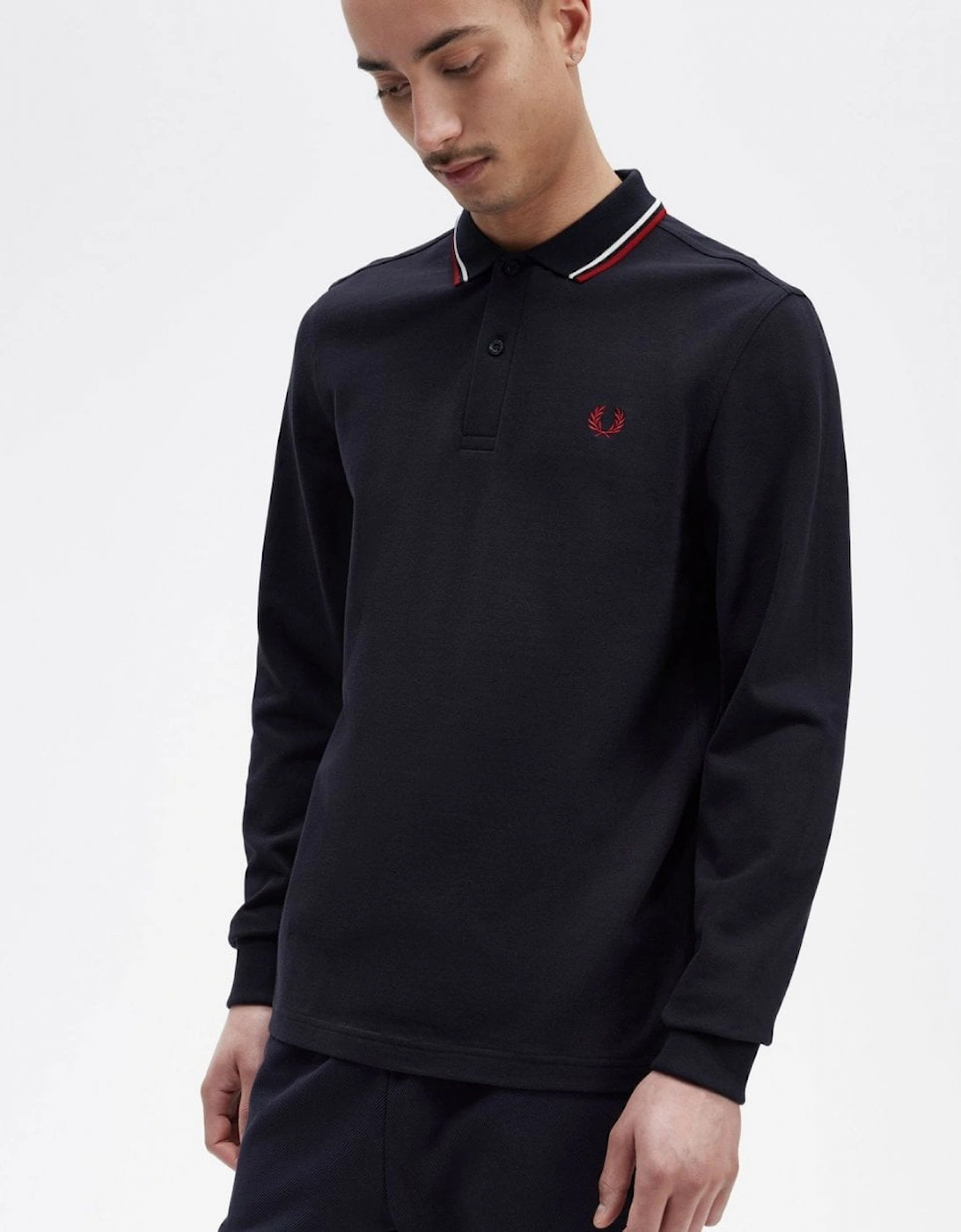 Mens Long Sleeve Twin Tipped Polo Shirt - Navy/Snow White/Burnt Red T55