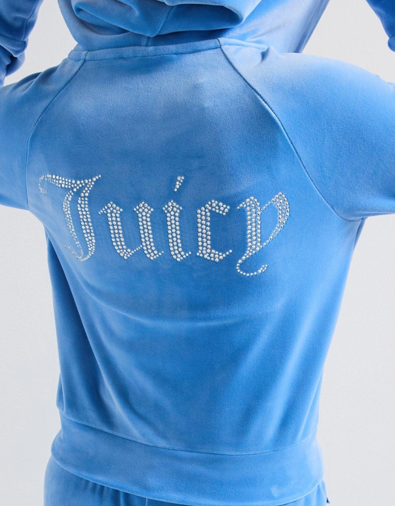 Classic Velour Zip Up Madison Hoodie With Diamante Branding - Blue