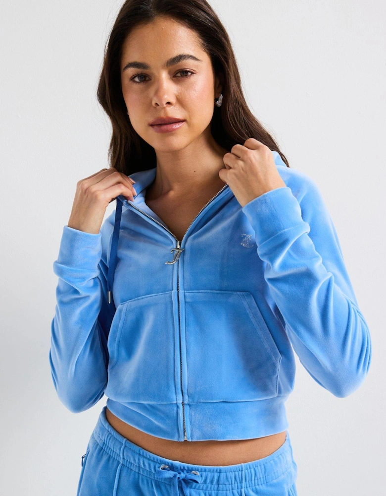 Classic Velour Zip Up Madison Hoodie With Diamante Branding - Blue
