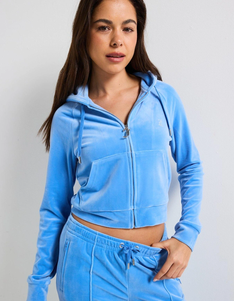 Classic Velour Zip Up Madison Hoodie With Diamante Branding - Blue