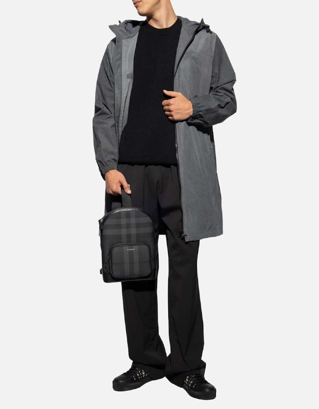 Logo Printed Grey Zipped Hooded Coat