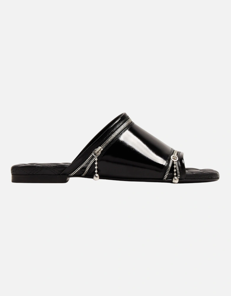 Peep Zip Flast Leather Sandals Black Peep Sandals